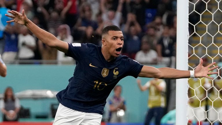 Kylian Mbappe celebrates after restoring France's lead