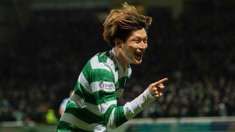MOTHERWELL, SCOTLAND - NOVEMBER 09: Celtic's Kyogo Furuhashi celebrates after making it 1-0 during a cinch Premiership match between Motherwell and Celtic at Fir Park, on November 09, 2022, in Motherwell, Scotland. (Photo by Craig Foy / SNS Group)