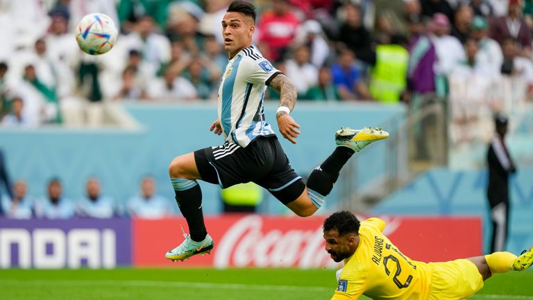 Argentina&#39;s Lautaro Martinez scores a goal before it is ruled out after a VAR check