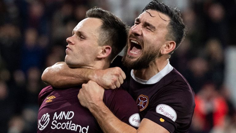 EDINBURGH, SCOTLAND - NOVEMBER 06: Hearts&#39; Lawrence Shankland (L) celebrates making it 3-2 during a cinch Premiership match between Hearts and Motherwell at Tynecastle, on November 06, 2022, in Edinburgh, Scotland.  (Photo by Mark Scates / SNS Group)