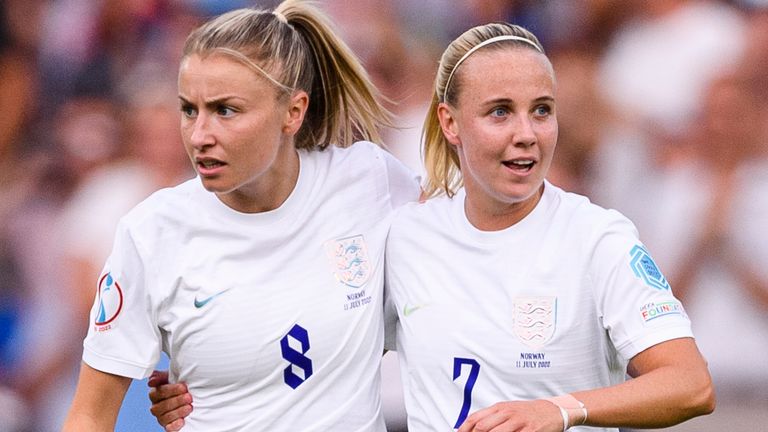 July 11, 2022, Brighton, England, United Kingdom: Brighton, England - July 11: Beth Mead of England (R) celebrating her goal with her teammate Leah Williamson of England (L) during the UEFA Women's Euro England 2022 group A match between England and Norway at Brighton & Hove Community Stadium on July 11, 2022 in Brighton, United Kingdom. (Credit Image: .. Marcio Machado/ZUMA Press Wire) (Cal Sport Media via AP Images)
