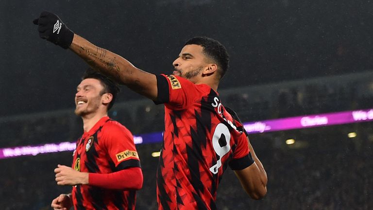 Dominic Solanke celebrates after putting Bournemouth 3-1 up against Leeds