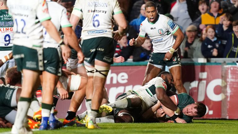 Leicester Tigers' Jasper Wiese (right) scores their side's fifth try of the game