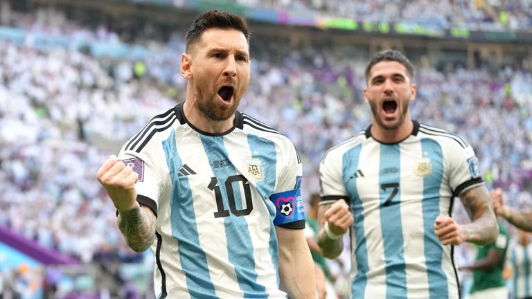 Argentina's Lionel Messi celebrates scoring their side's first goal of the game