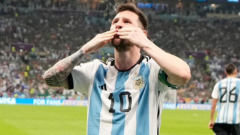 Lionel Messi of Argentina celebrates after scoring his first goal