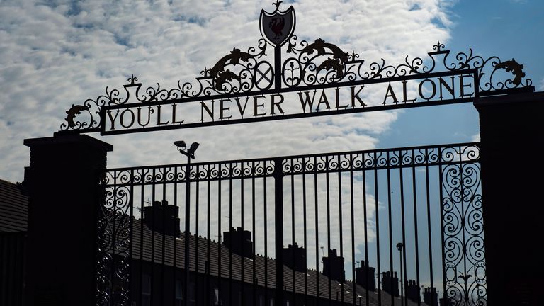 LIVERPOOL, ENGLAND - MARCH 24: The Shankly Gates saying &#39;You&#39;ll Never Walk Alone&#39; outside Anfield Stadium, home of Liverpool FC on March 24, 2022 in Liverpool, England. (Photo by Visionhaus/Getty Images) 