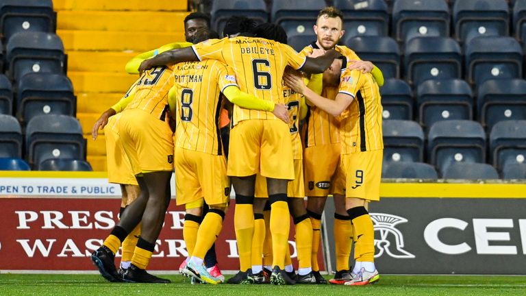 KILMARNOCK, SCOTLAND - NOVEMBER 04: Livingston players celebrate after scoring via a Chris Stokes own goal during a cinch Premiership match between Kilmarnock and Livingston at Rugby Park, on November 04, 2022, in Kilmarnock, Scotland. (Photo by Rob Casey / SNS Group)