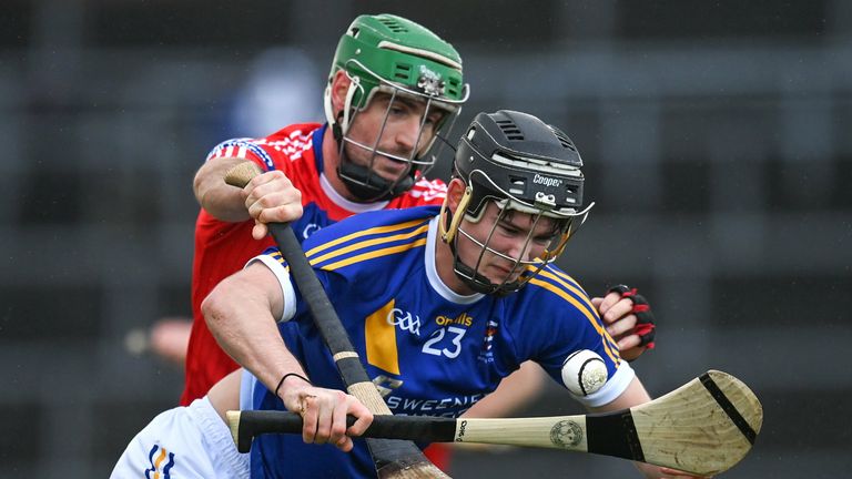 20 November 2022; Darren Shaughnessy of Loughrea in action against David Burke of St Thomas during the Galway County Senior Hurling Championship Final match between St Thomas and Loughrea at Pearse Stadium in Galway. Photo by Harry Murphy/Sportsfile