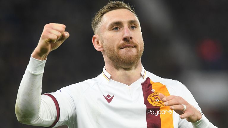 EDINBURGH, SCOTLAND - NOVEMBER 06: Motherwell's Louis Moult celebrates after scoring to make it 2-1 during a cinch Premiership match between Hearts and Motherwell at Tynecastle, on November 06, 2022, in Edinburgh, Scotland. (Photo by Craig Foy / SNS Group)