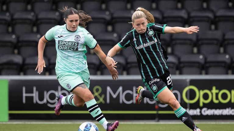 AIRDRIE, SCOTLAND - AUGUST 07: Celtic's Lucy Ashworth-Clifford and Hibs' Poppy Lawson during a Scottish Women's Premier League match between Celtic Women and Hibernian Women at Penny Cars Stadium, on August 07, 2022, in Airdrie, Scotland. (Photo by Craig Williamson / SNS Group)