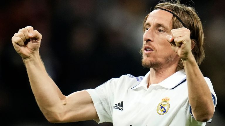 Real Madrid&#39;s Luka Modric celebrates after scoring