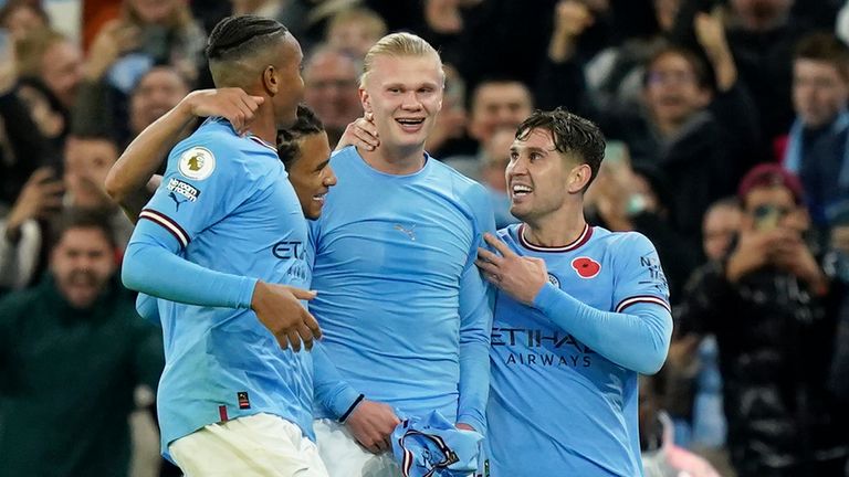 Manchester City's Erling Haaland is congratulated