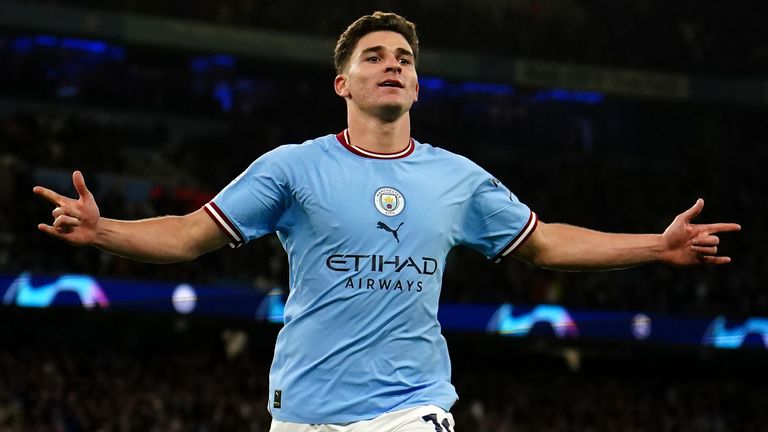 Manchester City's Julian Alvarez celebrates after scoring against Sevilla