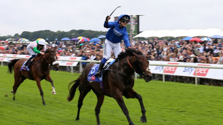 Ghiani celebrates as Real World wins the Strensall Stakes at York