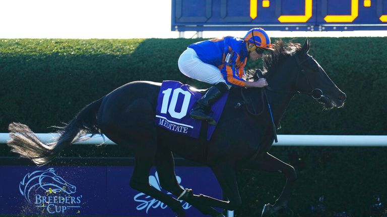 Ryan eases Meditate down after an impressive victory in the Fillies Juvenile Turf at the Breeders' Cup