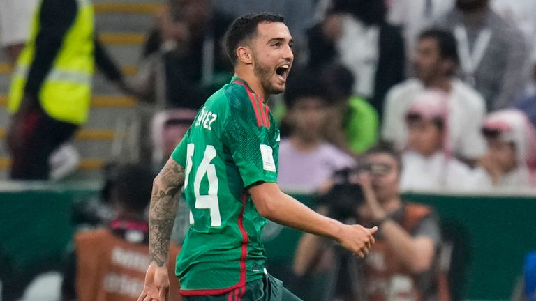 Luis Chavez celebrates after his free-kick gives Mexico a 2-0 lead over Saudi Arabia