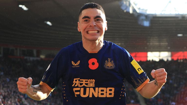 Miguel Almiron celebrates after giving Newcastle the lead at Southampton