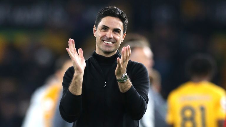 Mikel Arteta celebrates Arsenal's win at Wolves