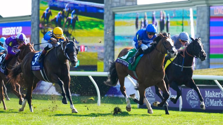 William Buick rides Mischief Magic to victory over Dramatised in the Breeders' Cup Juvenile Turf Sprint at Keenelend