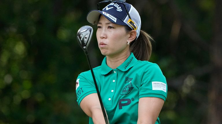 FILE - Momoko Ueda, of Japan, watches her shot off the 16th tee during the first round of the U.S. Women's Open golf tournament at the Pine Needles Lodge & Golf Club in Southern Pines, N.C., on June 2, 2022. Japanese players Ueda and Ai Suzuki each shot 7-under 65s on Thursday, Nov. 3, to sit atop the Toto Classic after the first round. (AP Photo/Chris Carlson, File)