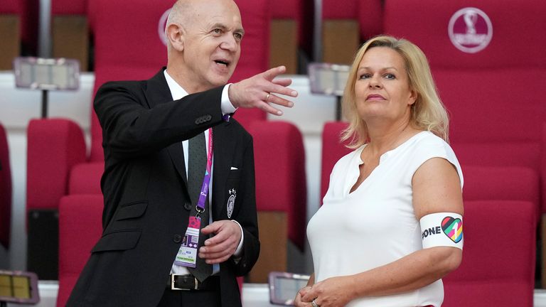 German Interior Minister Nancy Faeser is pictured wearing the OneLove armband during Germany vs Japan