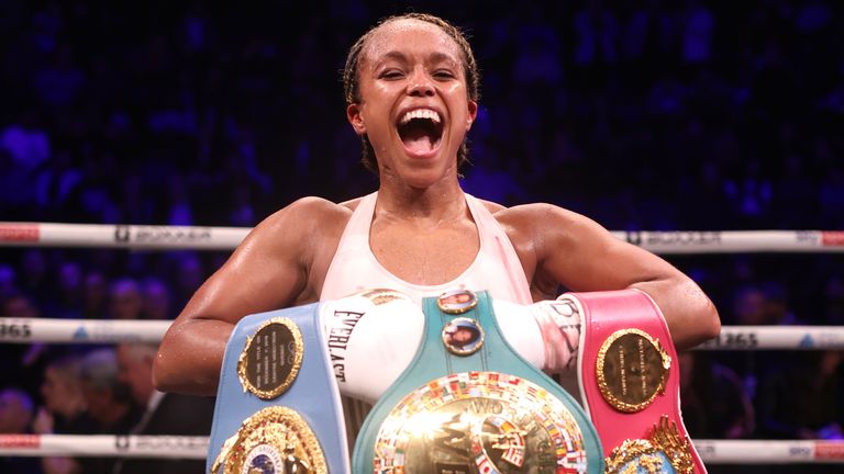 Natasha Jonas v Marie-Eve Dicaire - AO Arena
Natasha Jones celebrates victory against Marie-Eve Dicaire in the IBF, WBC and WBO super welter-weight bout at the AO Arena, Manchester. Issue date: Saturday November 12, 2022.