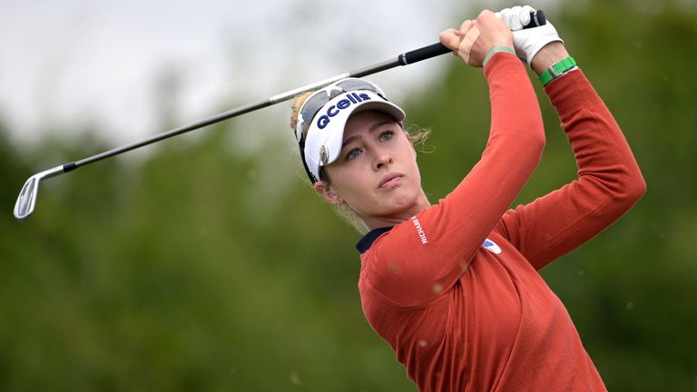 Nelly Korda watches her tee shot on the third hole during the final round of the LPGA Pelican Women's Championship golf tournament at Pelican Golf Club, Sunday, Nov. 13, 2022, in Belleair, Fla. (AP Photo/Phelan M. Ebenhack)