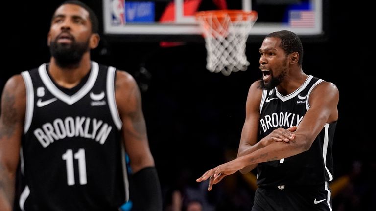 Brooklyn Nets forward Kevin Durant (7) reacts to a referee&#39;s call during the second half of an NBA basketball game against the Dallas Mavericks, Thursday, Oct. 27, 2022, in New York.