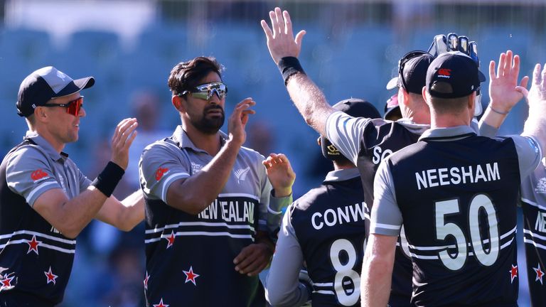 New Zealand players celebrate the wicket of Ireland's Lorcan Tucker during the T20 World Cup cricket match between New Zealand and Ireland in Adelaide, Australia, Friday, Nov. 4, 2022. (AP Photo/James Elsby)