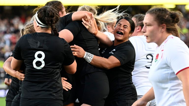 New Zealand celebrate a try against England in the Women's Rugby World Cup final