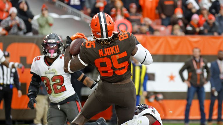Cleveland Browns tight end David Njoku (85) catches a pass from quarterback Jacoby Brissett for a touchdown during the second half of an NFL football game against the Tampa Bay Buccaneers in Cleveland, Sunday, Nov. 27, 2022. (AP Photo/Ron Schwane)


