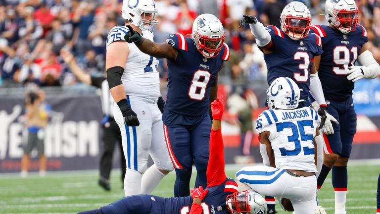 New England Patriots linebacker Matthew Judon (9) reacts after tackling Indianapolis Colts running back Deon Jackson (35) for fourth down turn over during the second half of an NFL football game, Sunday, Nov. 6, 2022, in Foxborough, Mass. (AP Photo/Greg M. Cooper)


