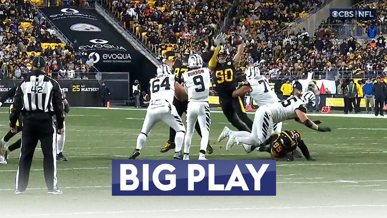 Pittsburgh Steelers outside linebacker T.J. Watt (90) sets prior to a play  at the line of scrimmage during an NFL football game against the Cincinnati  Bengals, Sunday, Nov. 28, 2021, in Cincinnati.