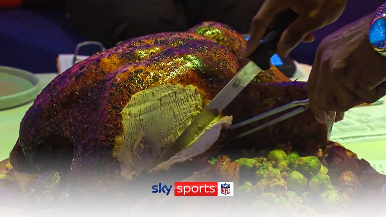 Avery Williams has the honour of carving the Sky Sports NFL turkey on Thanksgiving and wastes no time getting stuck in to his dinner!