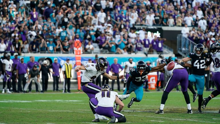 Baltimore Ravens place kicker Justin Tucker (9) misses the field goal during the second half of an NFL football game against the Jacksonville Jaguars, Sunday, Nov. 27, 2022, in Jacksonville, Fla. (AP Photo/John Raoux)


