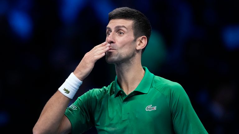 Serbia's Novak Djokovic celebrates after winning against Russia's Andrej Rublev during their singles tennis match of the ATP World Tour Finals, at the Pala Alpitour in Turin, Italy, Wednesday, Nov. 16, 2022. (AP Photo/Antonio Calanni)