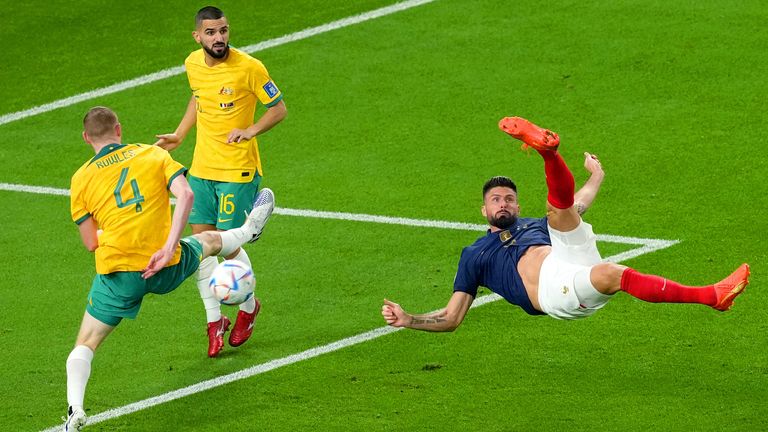 Olivier Giroud executes a bicycle kick against Australia