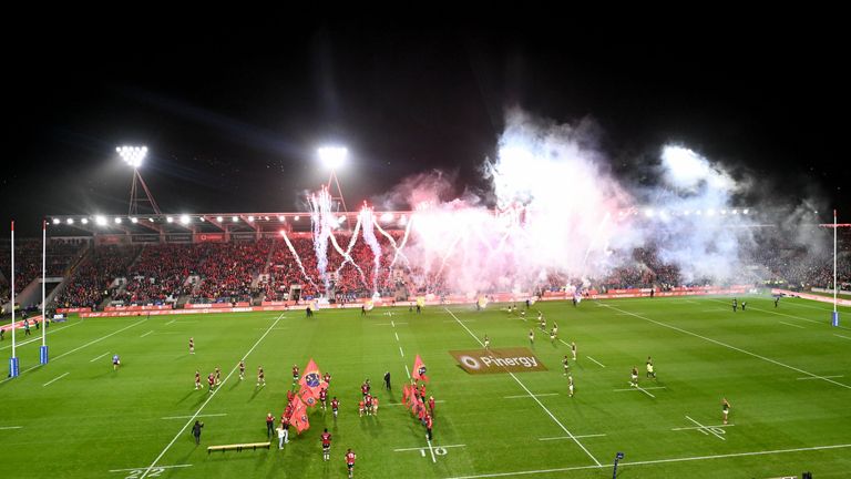 10 November 2022; Munster players run out before the match between Munster and South Africa Select XV at P..irc Ui Chaoimh in Cork. Photo by Harry Murphy/Sportsfile