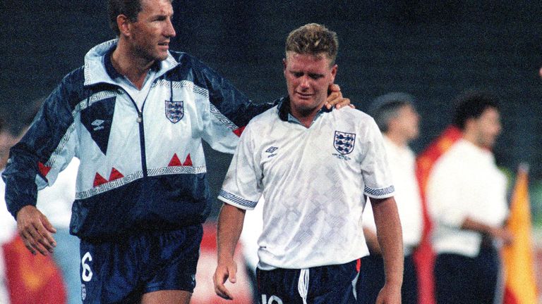 Terry Butcher consoles Paul Gascoigne after England lose to Germany in the semi-final of Italia '90