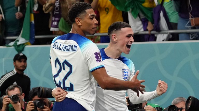 Phil Foden celebrates a goal with Jude Bellingham