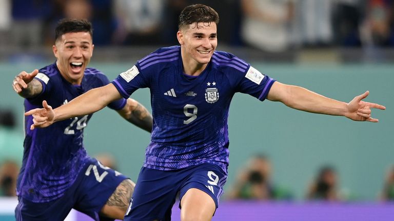 Julian Alvarez celebrates after doubling Argentina's advantage over Poland