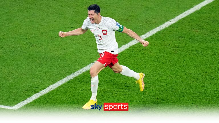 Robert Lewandowski celebrates after scoring against Saudi Arabia at the World Cup