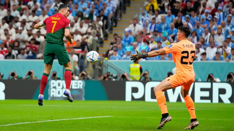 Cristiano Ronaldo attempts to glance Bruno Fernandes&#39; cross into the net