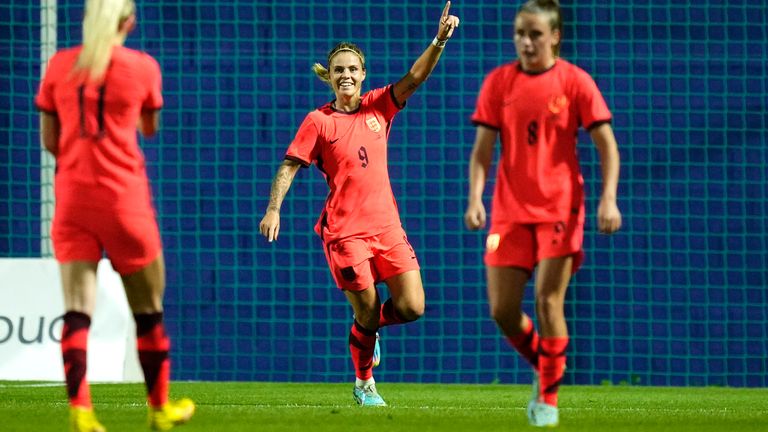 Rachel Daly celebrates scoring England&#39;s opening goal against Norway in Murcia