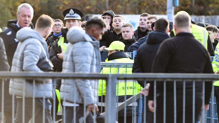 PERTH, SCOTLAND - NOVEMBER 06: Rangers fans are pictured as the team leave the stadium after the game during a cinch Premiership match between St Johnstone and Rangers at McDiarmid Park, on November 06, 2022, in Perth, Scotland. (Photo by Ross MacDonald / SNS Group)