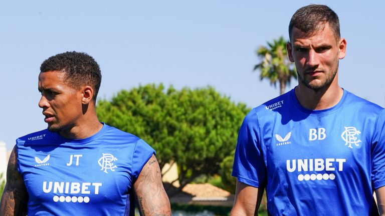 ALGARVE, PORTUGAL - JULY 08: James Tavernier (L) and Borna Barisic during Rangers media access on July 08 2022, in Algarve, Portugal. (Photo by Gualter Fatia / SNS Group)