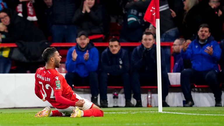 Nottingham Forest's Renan Lodi celebrates after scoring against Tottenham