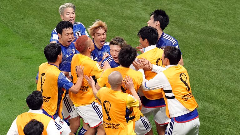 Japan&#39;s Ritsu Doan celebrates scoring his side&#39;s first goal of the game with team-mates