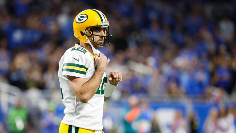Green Bay Packers quarterback Aaron Rodgers (12) walks off the field during the first half against the Detroit Lions during an NFL football game, Sunday, Nov. 6, 2022, in Detroit. (AP Photo/Rick Osentoski)


