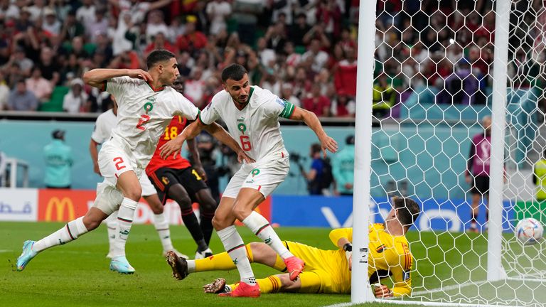 Morocco score from a Hakim Ziyech free kick, but the goal is ruled out with Romain Saiss shown to be offside by VAR